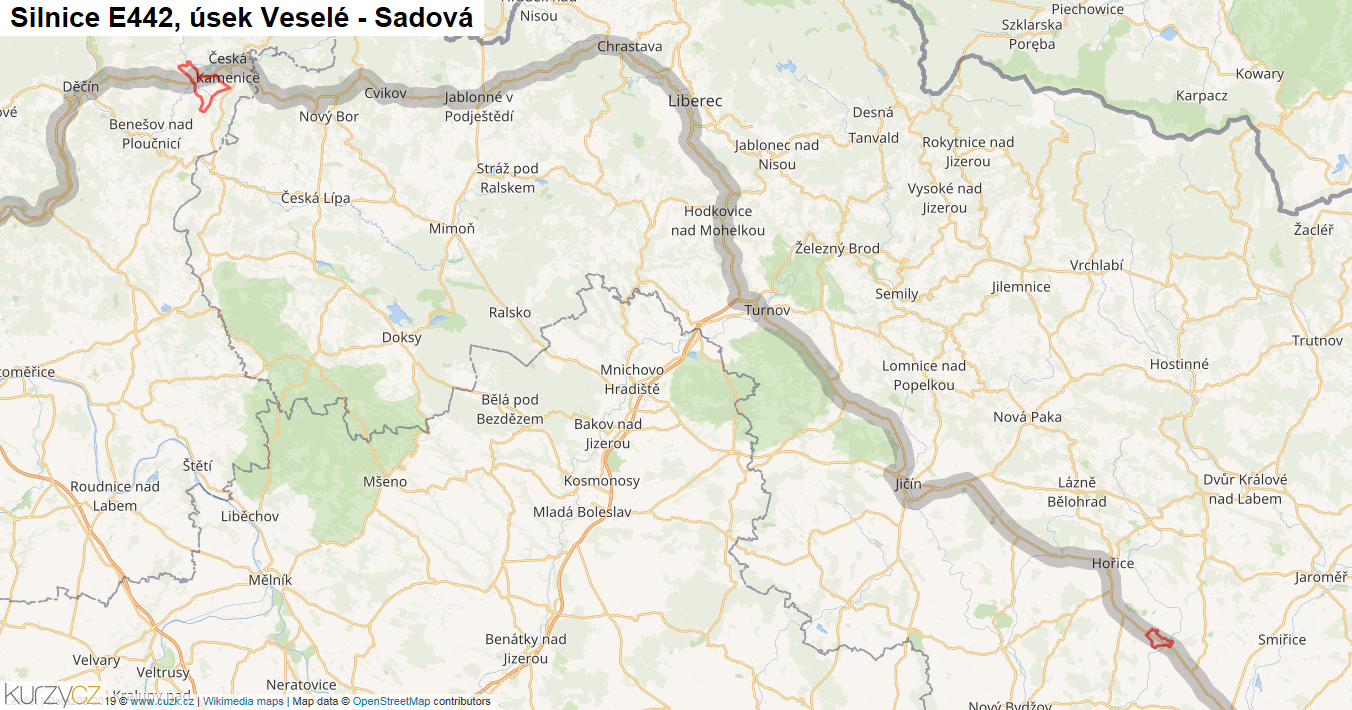 Úsek Veselé - Sadová, Silnice E442 - Mapa