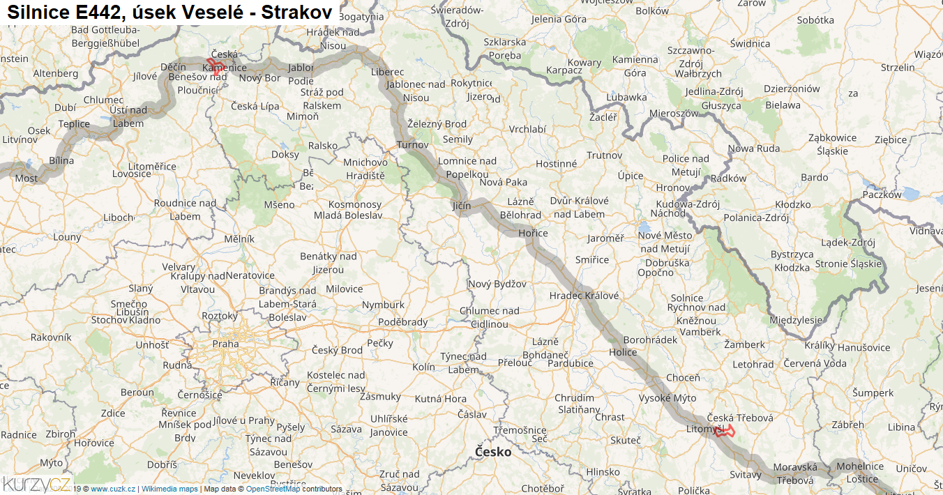 Úsek Veselé - Strakov, Silnice E442 - Mapa