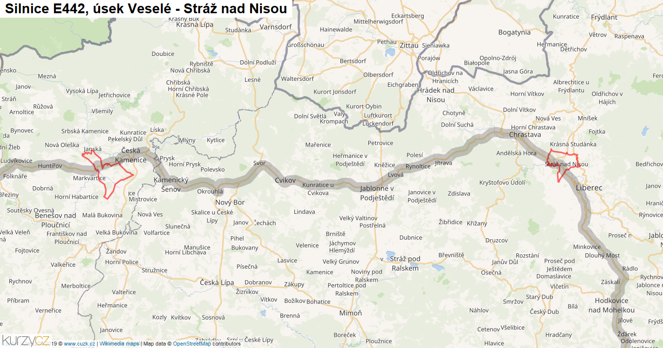 Úsek Veselé - Stráž nad Nisou, Silnice E442 - Mapa