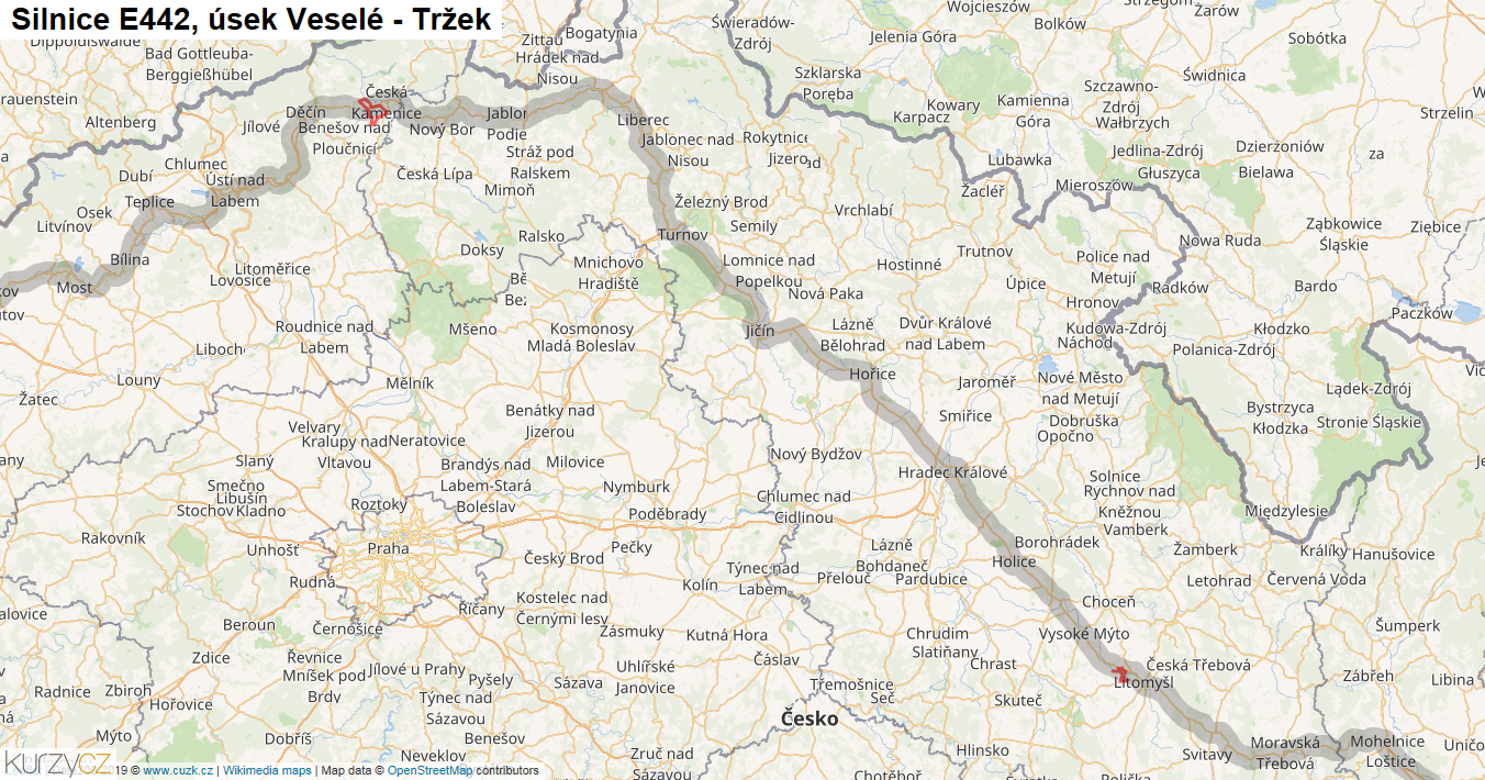 Úsek Veselé - Tržek, Silnice E442 - Mapa