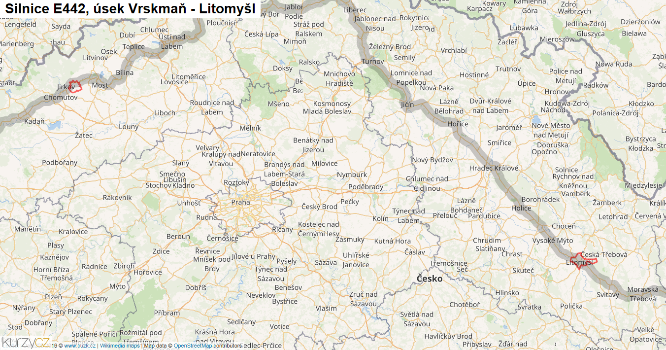 Úsek Vrskmaň - Litomyšl, Silnice E442 - Mapa
