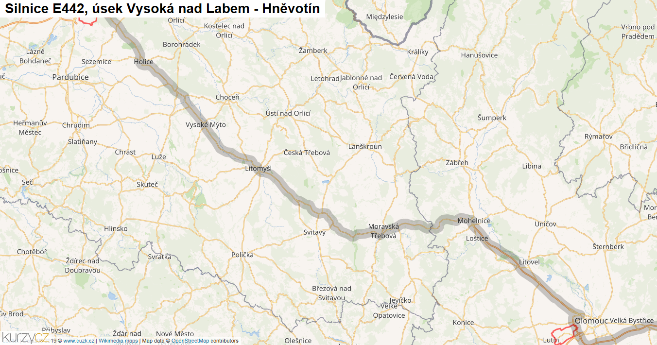 Úsek Vysoká nad Labem - Hněvotín, Silnice E442 - Mapa