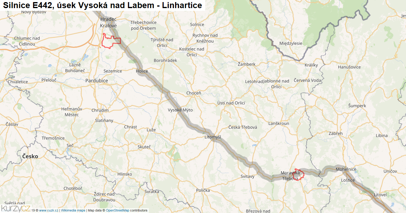 Úsek Vysoká nad Labem - Linhartice, Silnice E442 - Mapa
