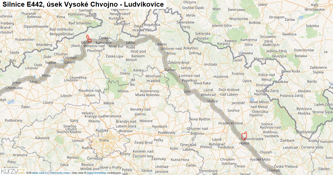 Úsek Vysoké Chvojno - Ludvíkovice, Silnice E442 - Mapa