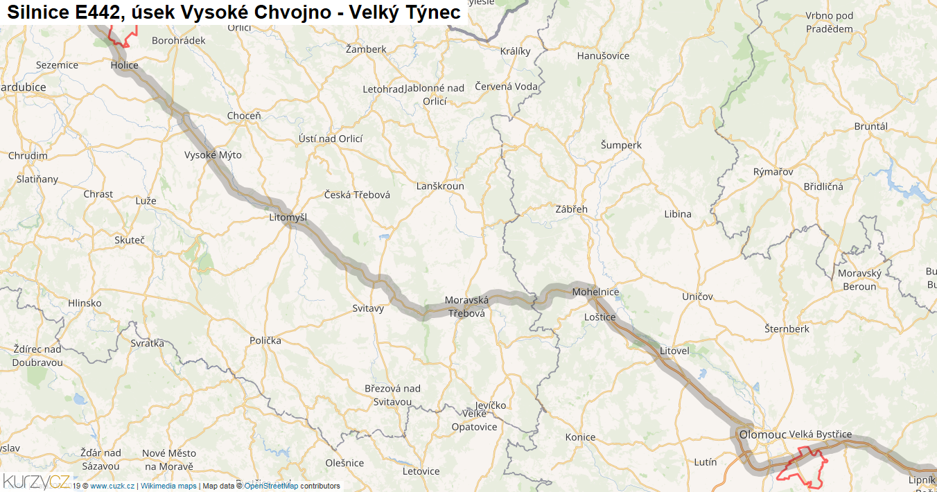 Úsek Vysoké Chvojno - Velký Týnec, Silnice E442 - Mapa