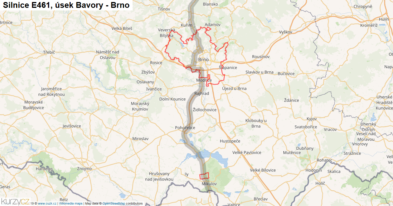 Úsek Bavory - Brno, Silnice E461 - Mapa