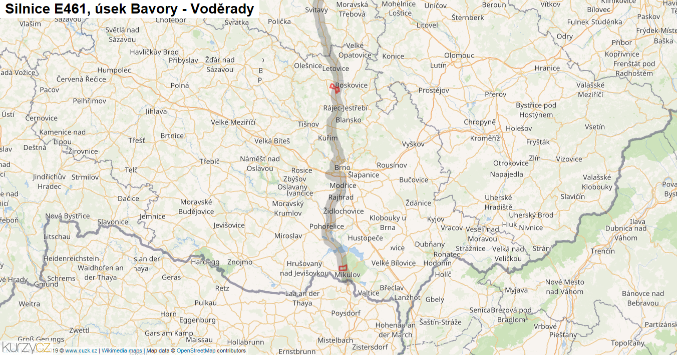 Úsek Bavory - Voděrady, Silnice E461 - Mapa