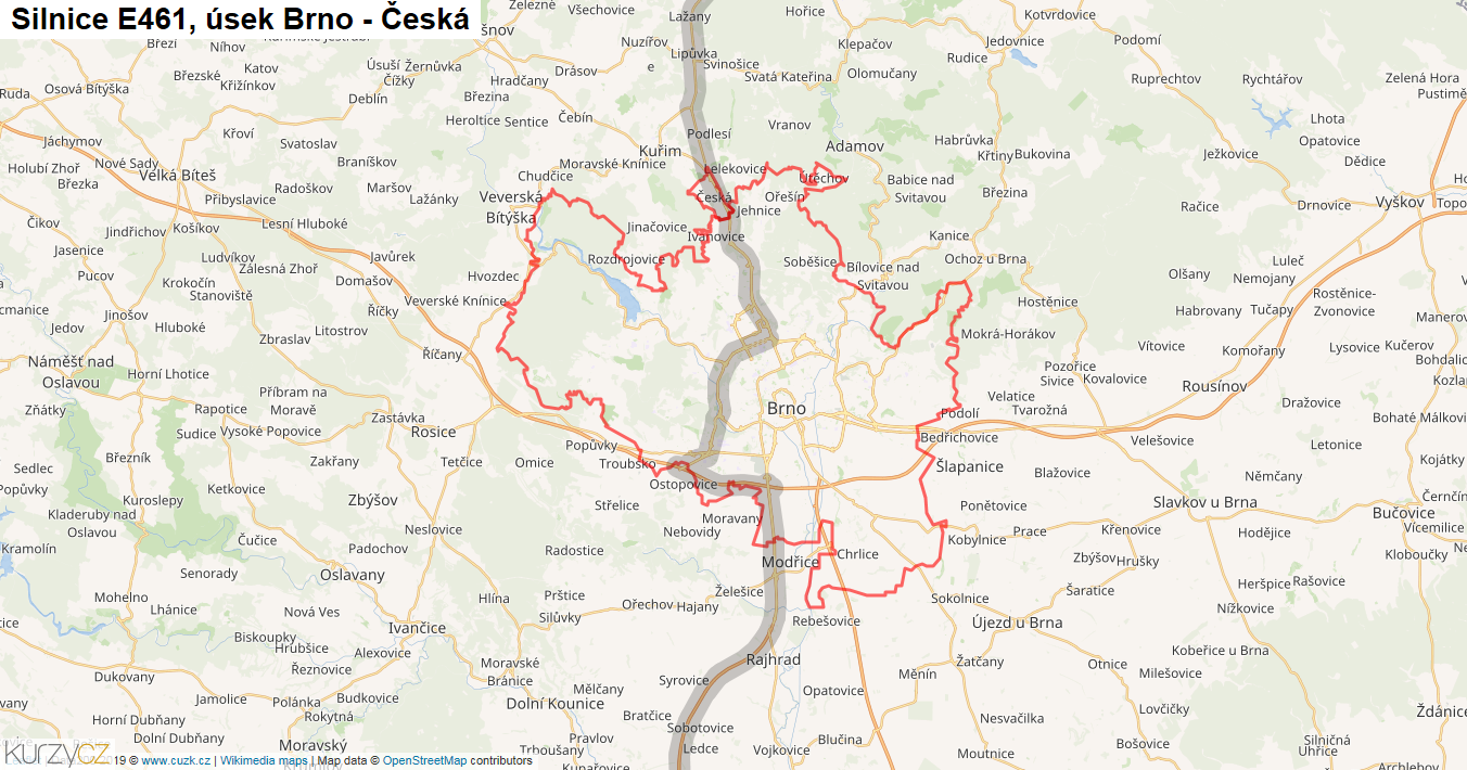 Úsek Brno - Česká, Silnice E461 - Mapa