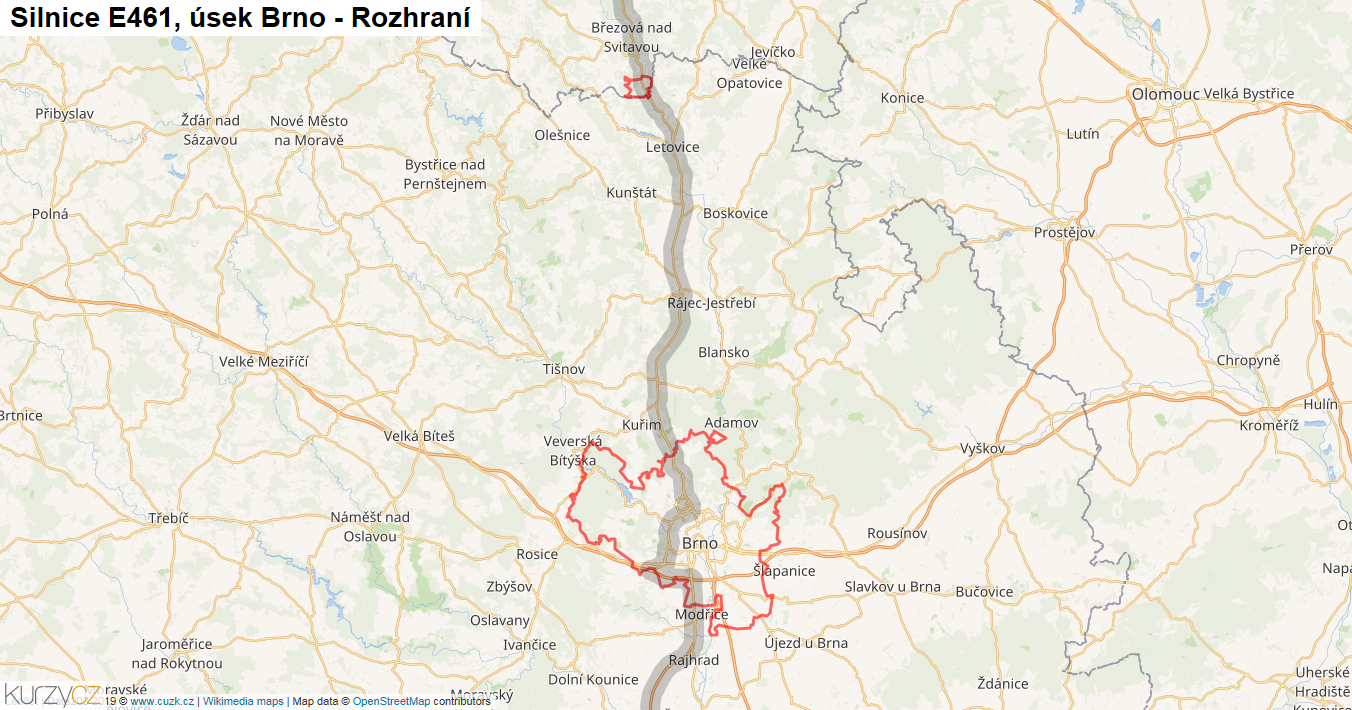 Úsek Brno - Rozhraní, Silnice E461 - Mapa