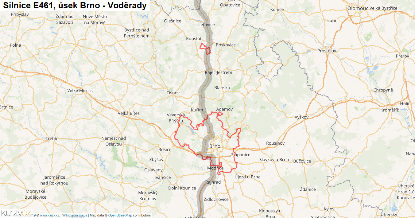 Úsek Brno - Voděrady, Silnice E461 - Mapa
