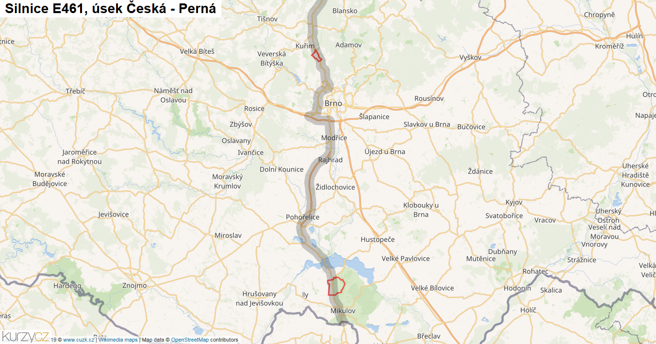 Úsek Česká - Perná, Silnice E461 - Mapa