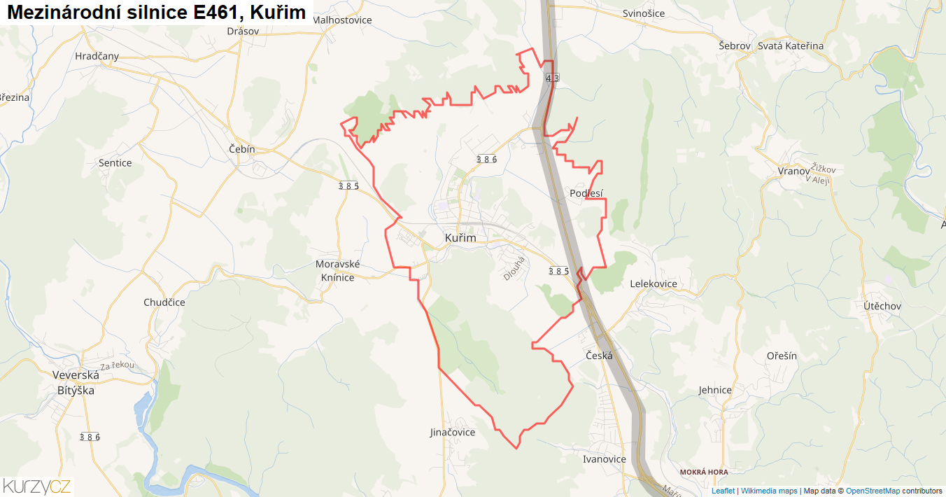 Kuřim, Silnice E461 - Mapa