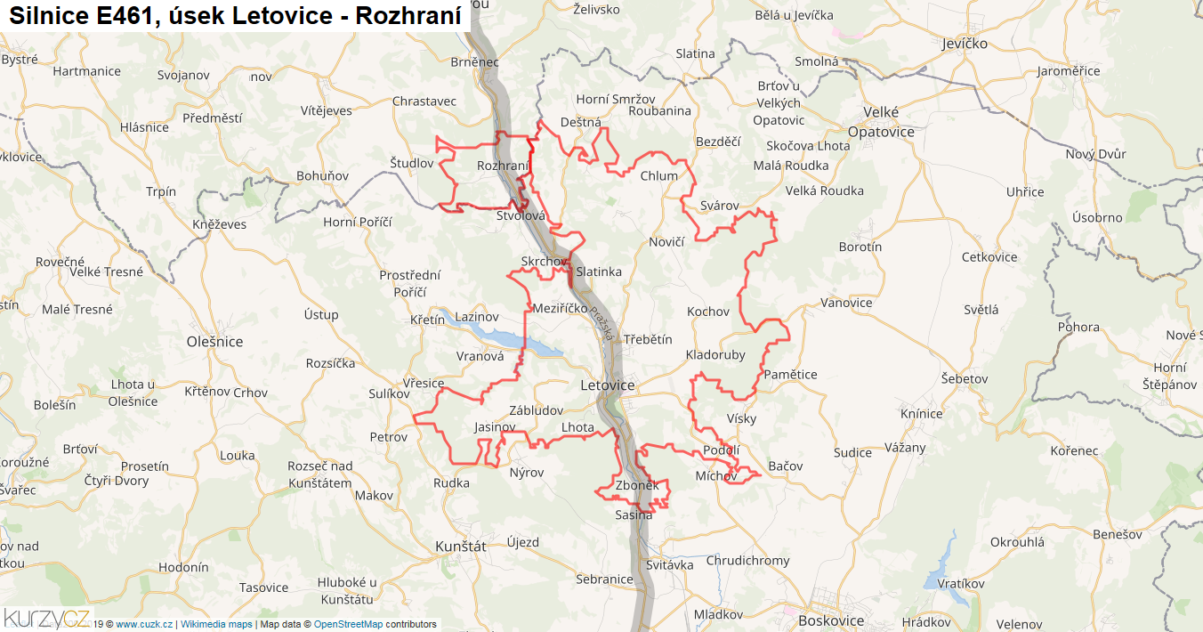 Úsek Letovice - Rozhraní, Silnice E461 - Mapa