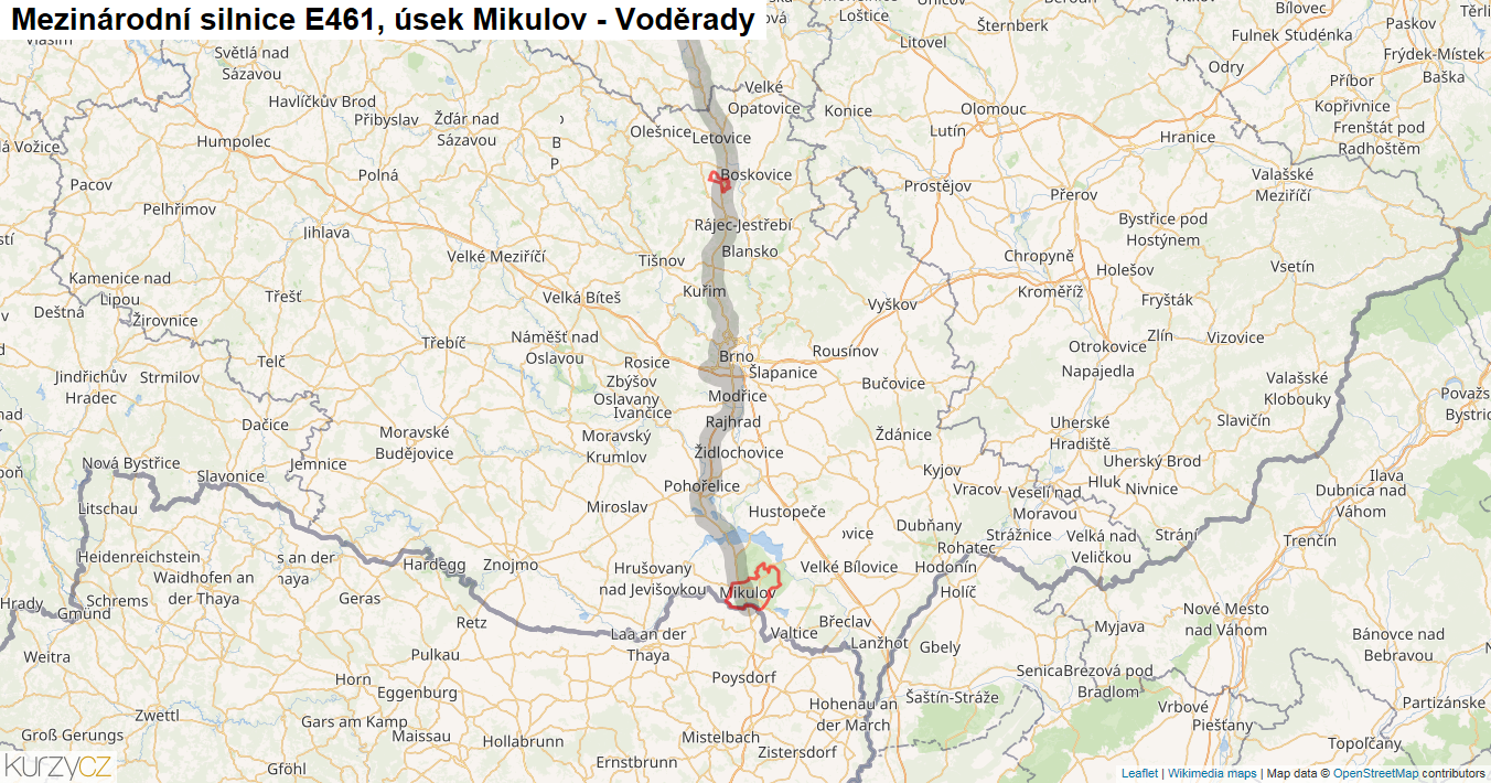 Úsek Mikulov - Voděrady, Silnice E461 - Mapa