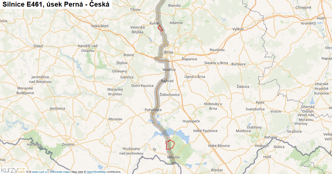 Úsek Perná - Česká, Silnice E461 - Mapa