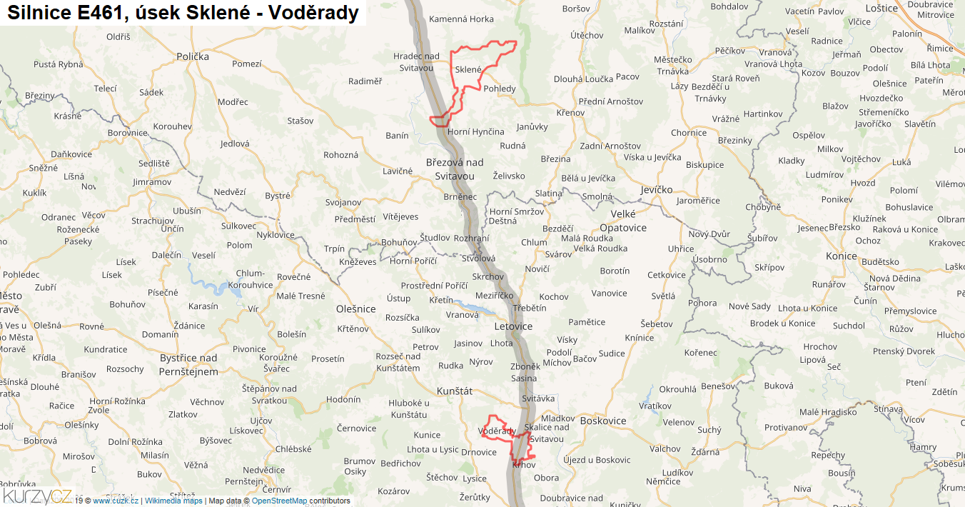 Úsek Sklené - Voděrady, Silnice E461 - Mapa