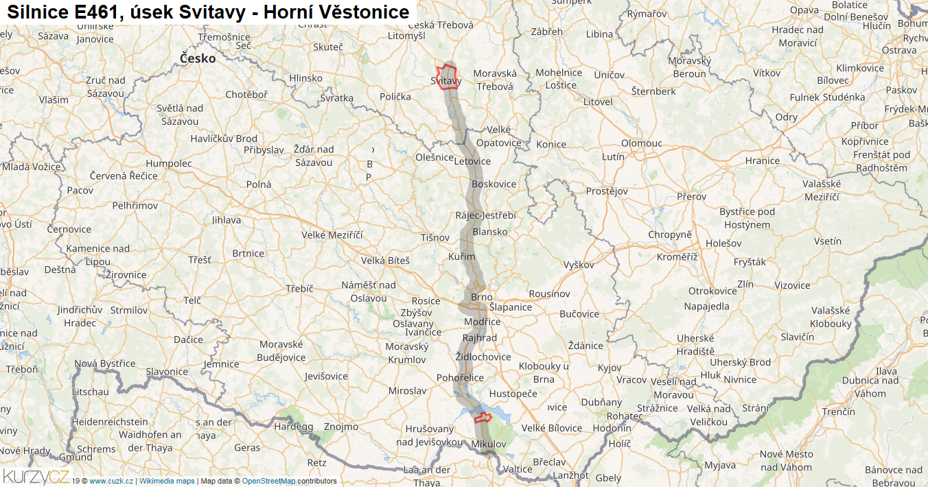 Úsek Svitavy - Horní Věstonice, Silnice E461 - Mapa