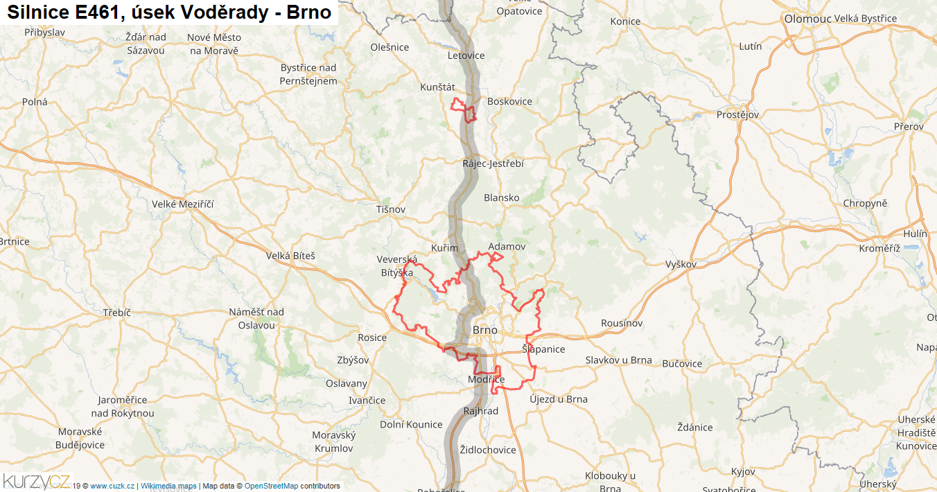 Úsek Voděrady - Brno, Silnice E461 - Mapa