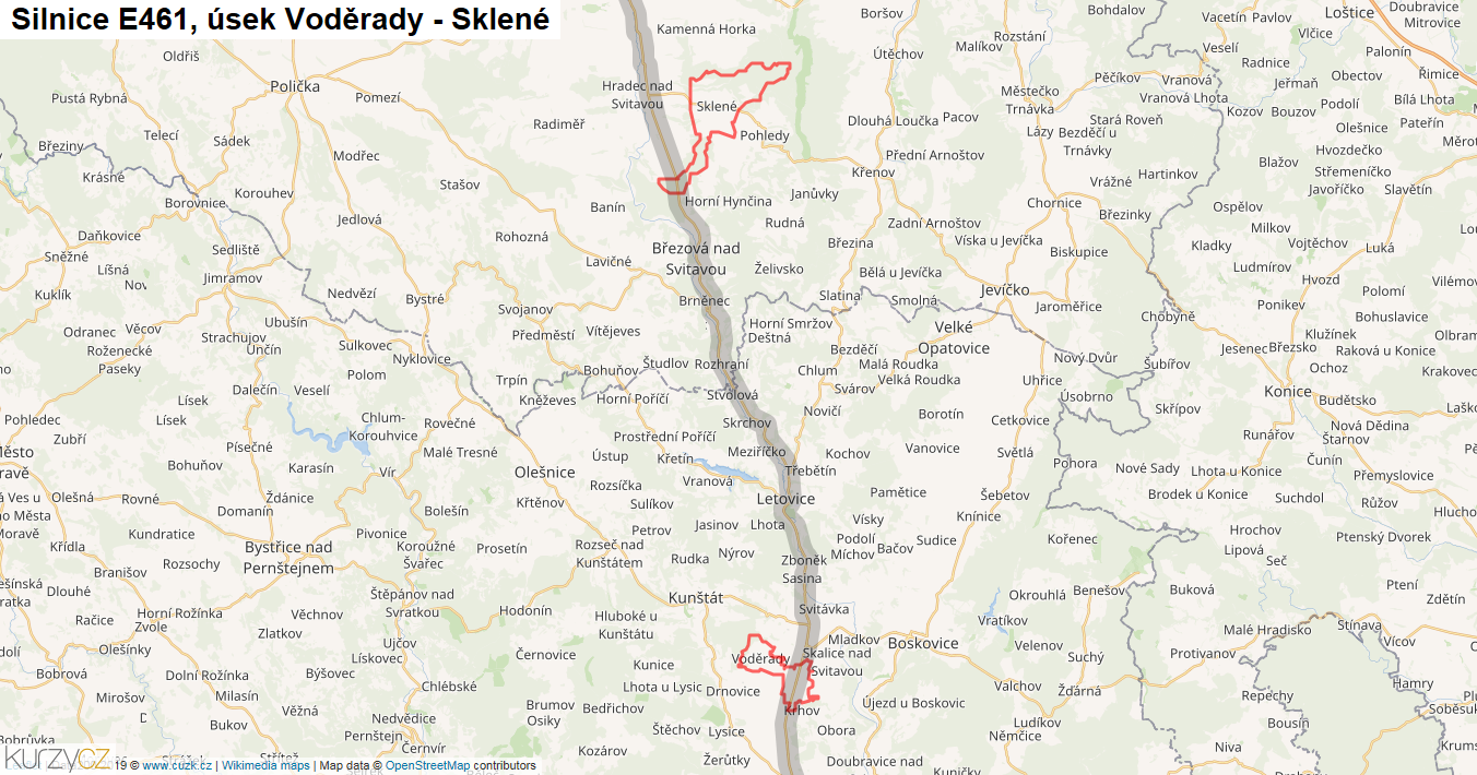 Úsek Voděrady - Sklené, Silnice E461 - Mapa