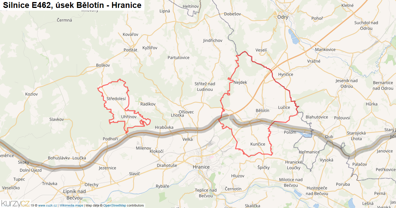Úsek Bělotín - Hranice, Silnice E462 - Mapa