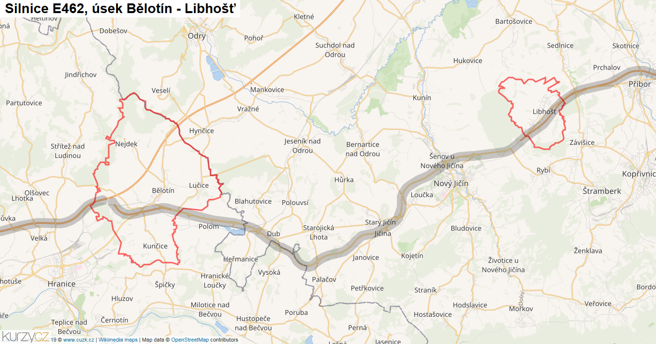 Úsek Bělotín - Libhošť, Silnice E462 - Mapa