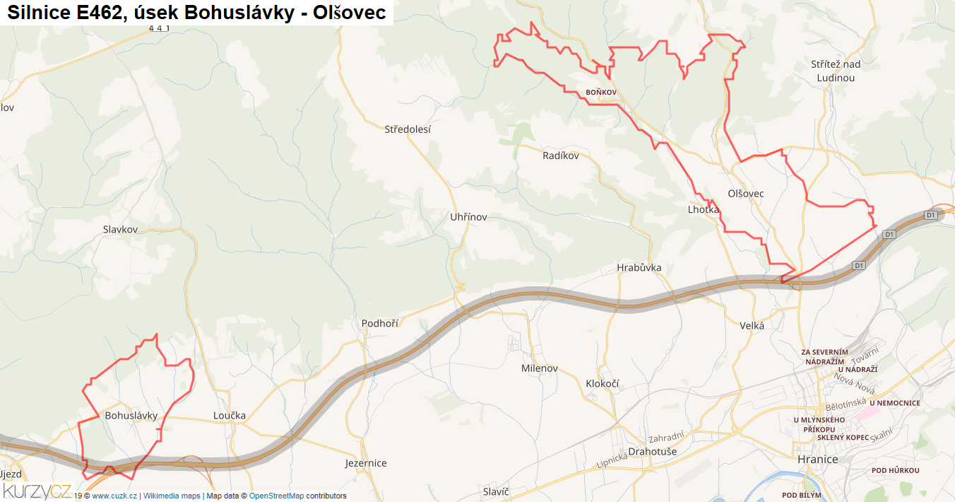 Úsek Bohuslávky - Olšovec, Silnice E462 - Mapa
