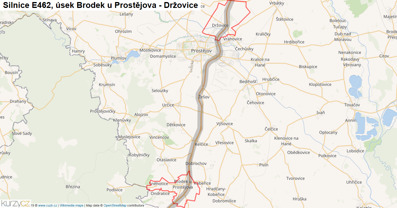 Úsek Brodek u Prostějova - Držovice, Silnice E462 - Mapa