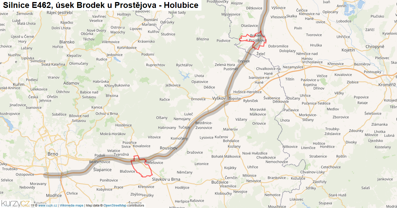 Úsek Brodek u Prostějova - Holubice, Silnice E462 - Mapa