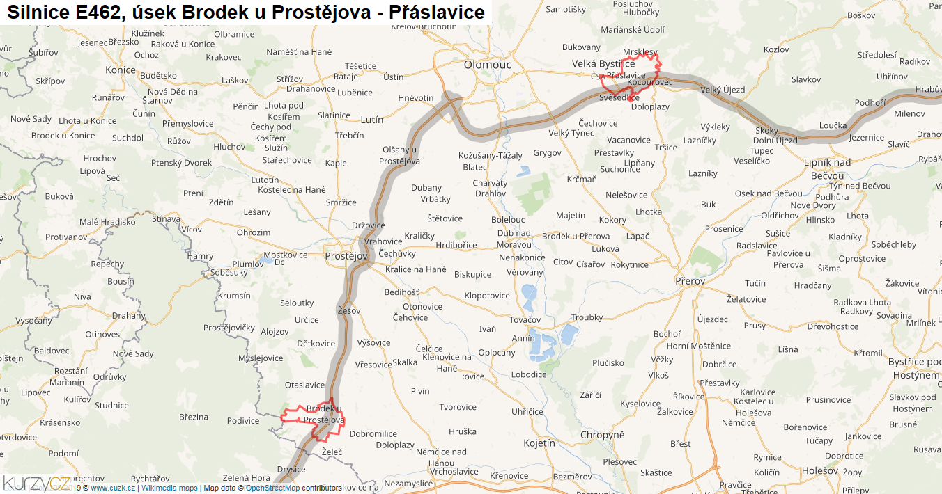 Úsek Brodek u Prostějova - Přáslavice, Silnice E462 - Mapa