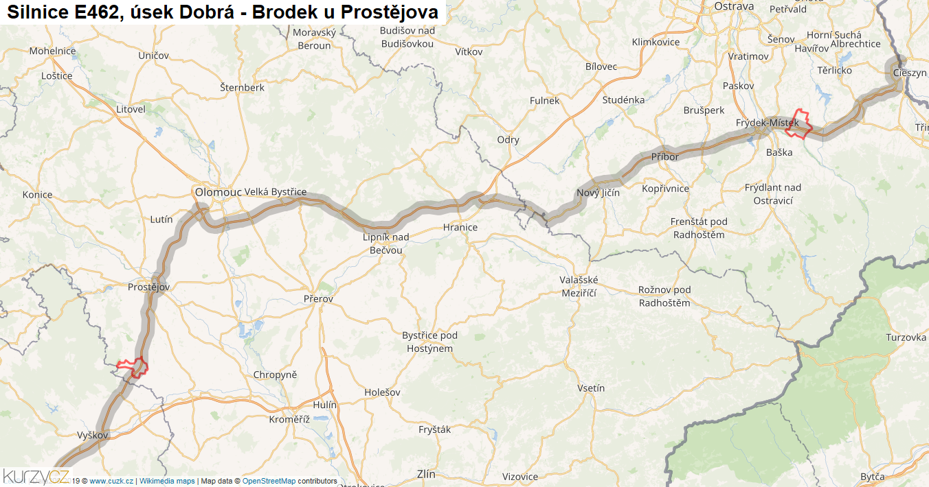 Úsek Dobrá - Brodek u Prostějova, Silnice E462 - Mapa