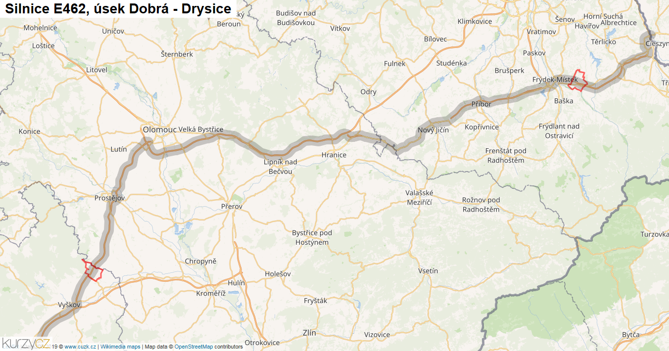 Úsek Dobrá - Drysice, Silnice E462 - Mapa