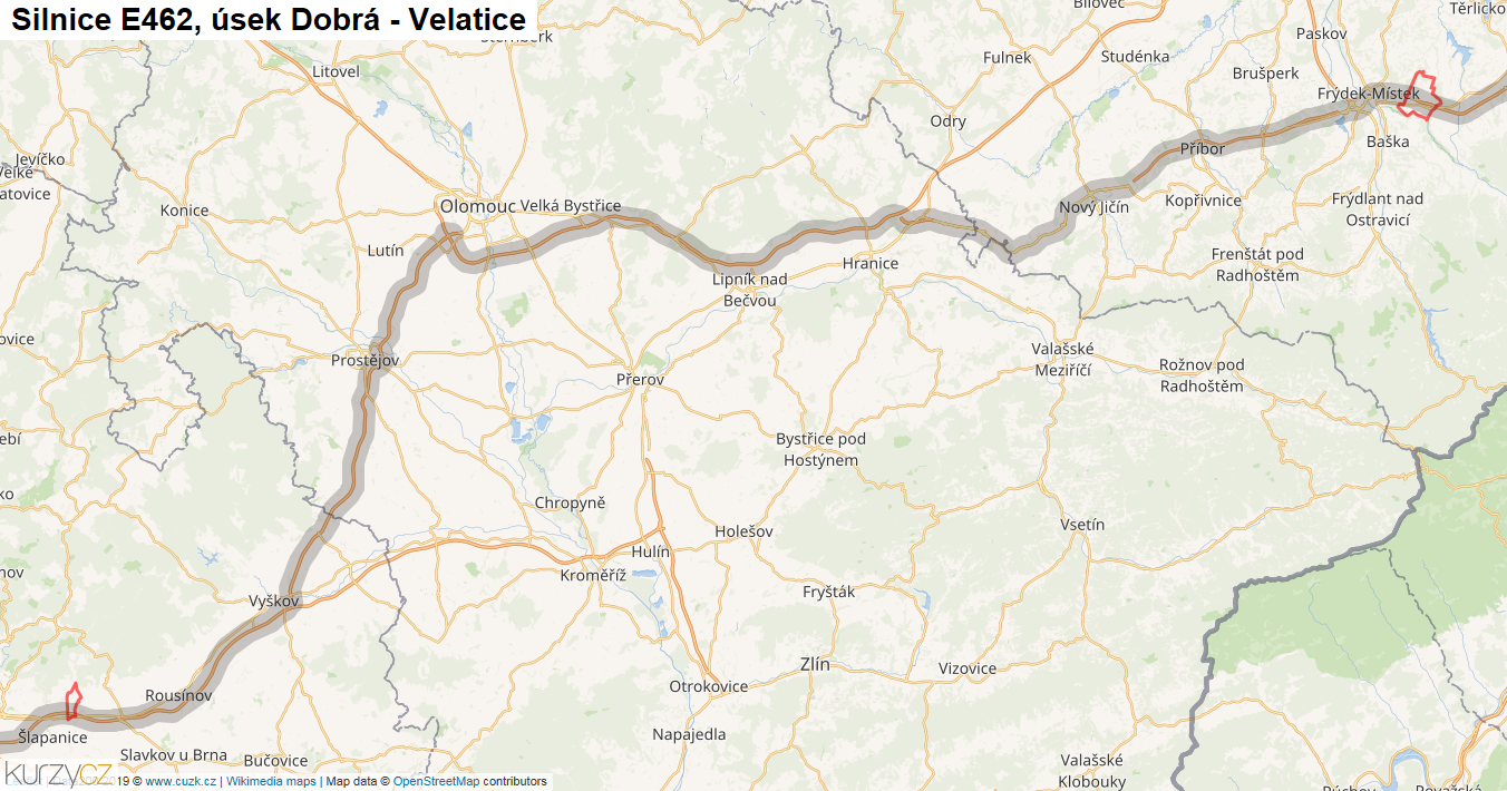 Úsek Dobrá - Velatice, Silnice E462 - Mapa