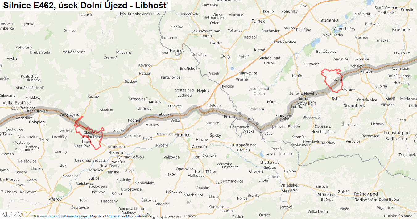 Úsek Dolní Újezd - Libhošť, Silnice E462 - Mapa
