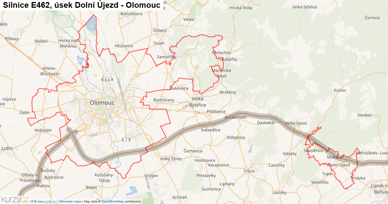 Úsek Dolní Újezd - Olomouc, Silnice E462 - Mapa