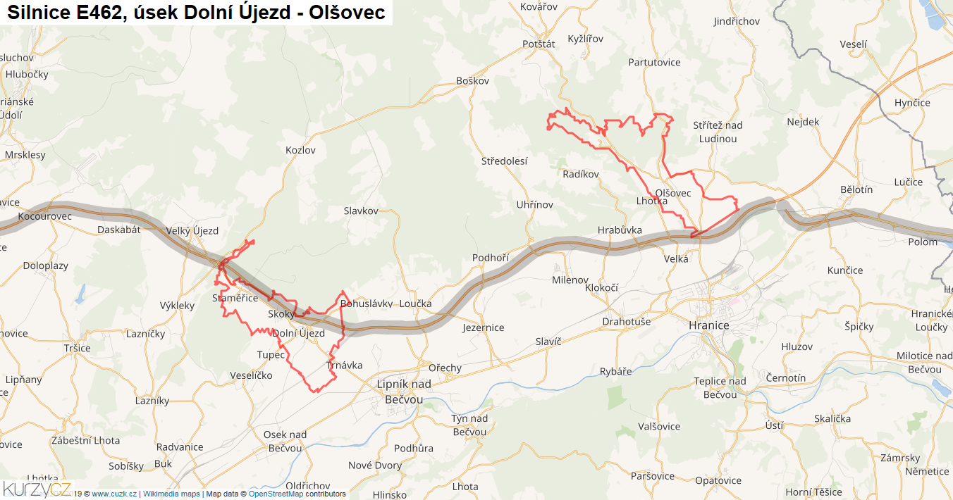 Úsek Dolní Újezd - Olšovec, Silnice E462 - Mapa