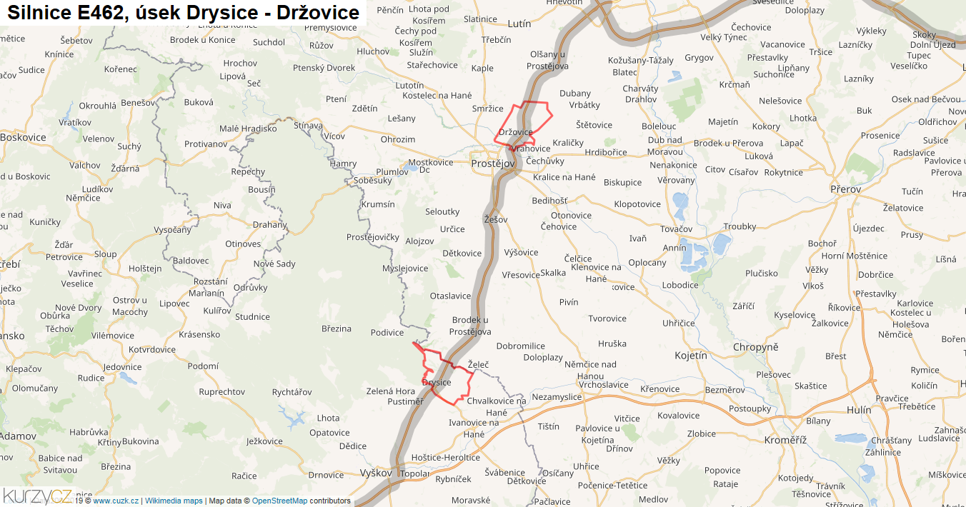 Úsek Drysice - Držovice, Silnice E462 - Mapa