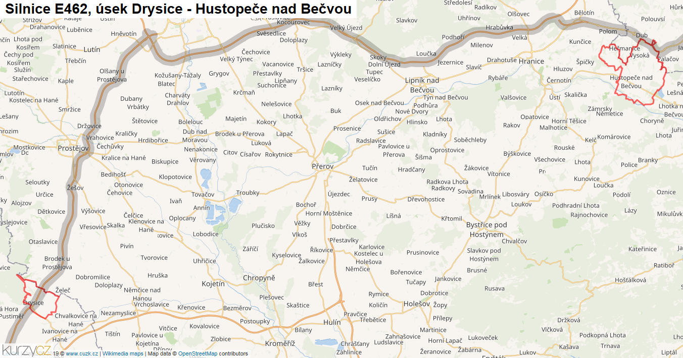 Úsek Drysice - Hustopeče nad Bečvou, Silnice E462 - Mapa