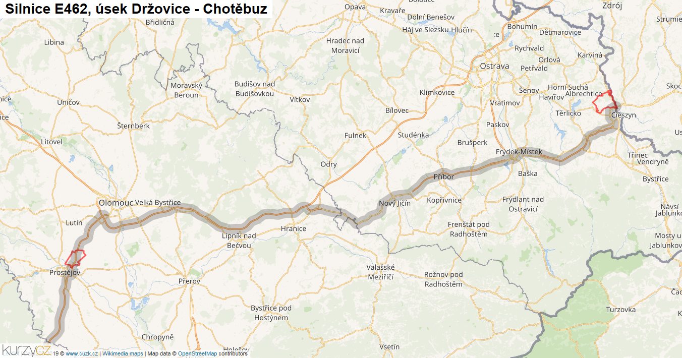 Úsek Držovice - Chotěbuz, Silnice E462 - Mapa