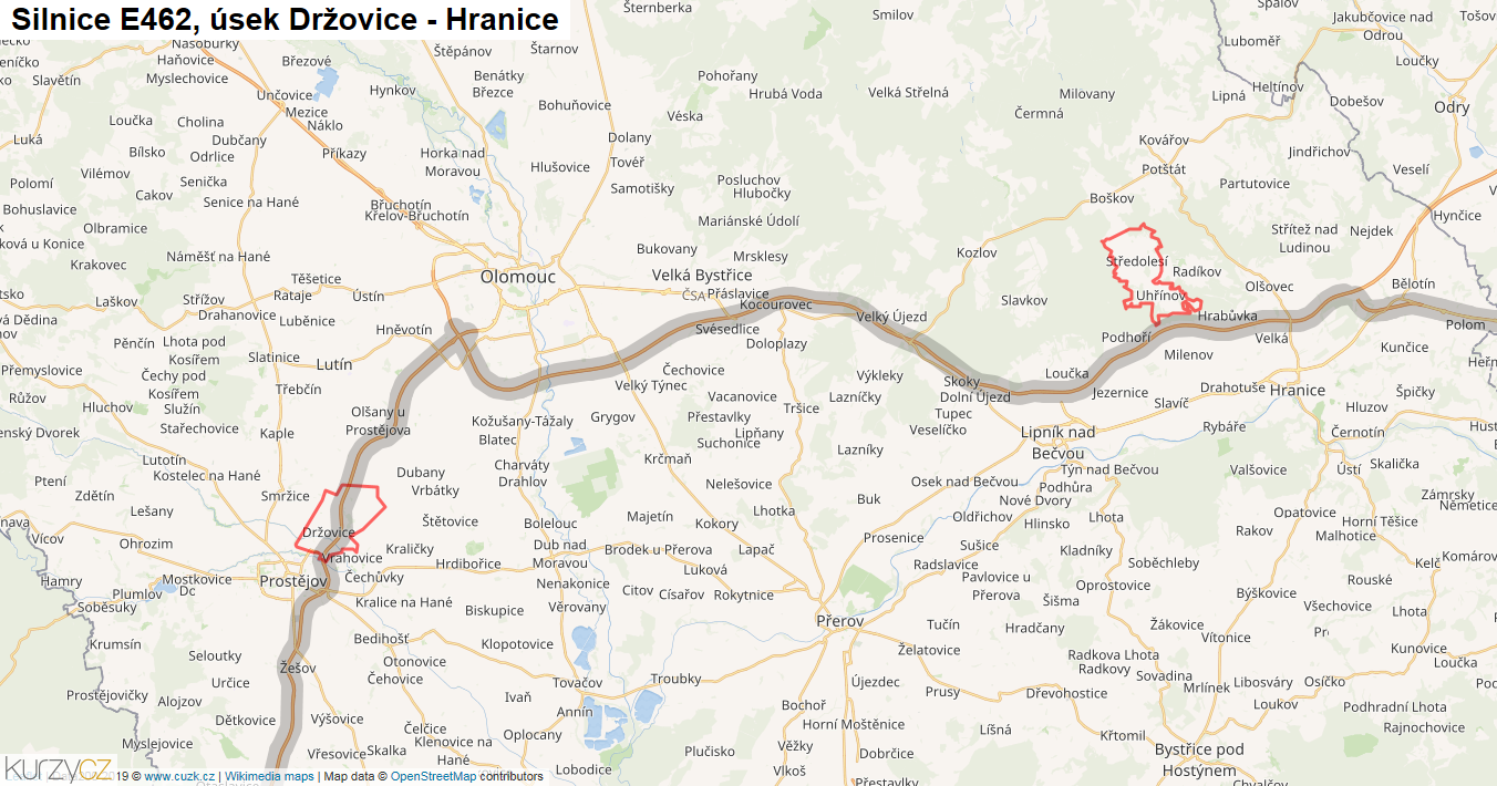 Úsek Držovice - Hranice, Silnice E462 - Mapa