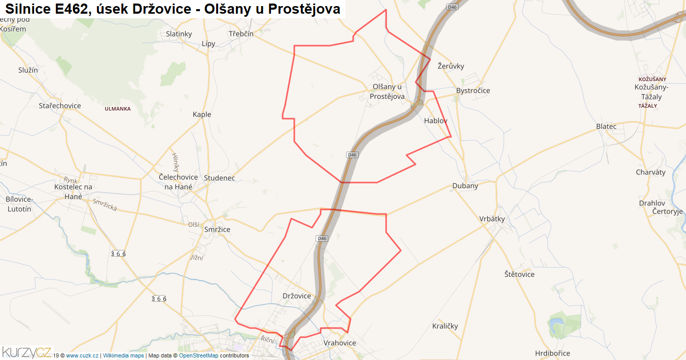 Úsek Držovice - Olšany u Prostějova, Silnice E462 - Mapa