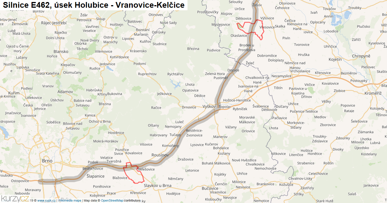 Úsek Holubice - Vranovice-Kelčice, Silnice E462 - Mapa