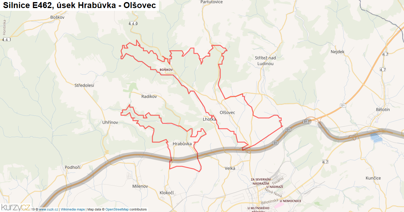 Úsek Hrabůvka - Olšovec, Silnice E462 - Mapa