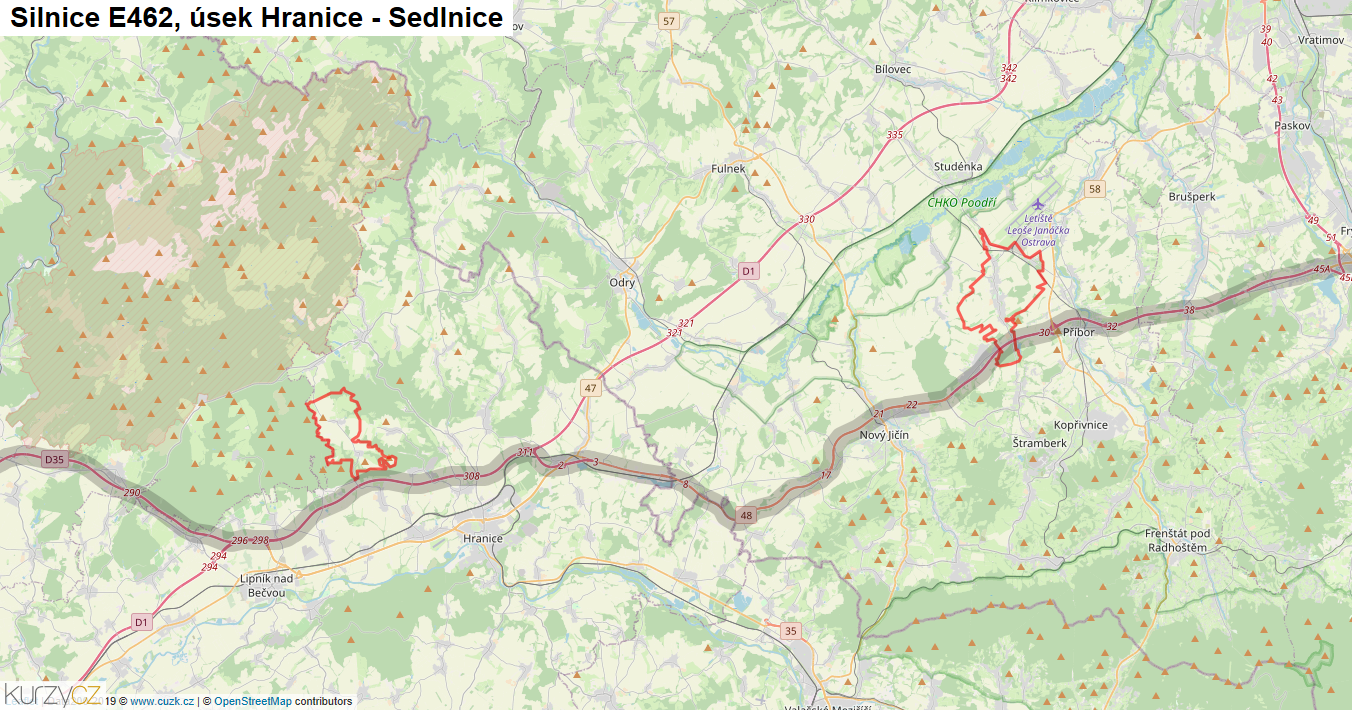 Úsek Hranice - Sedlnice, Silnice E462 - Mapa