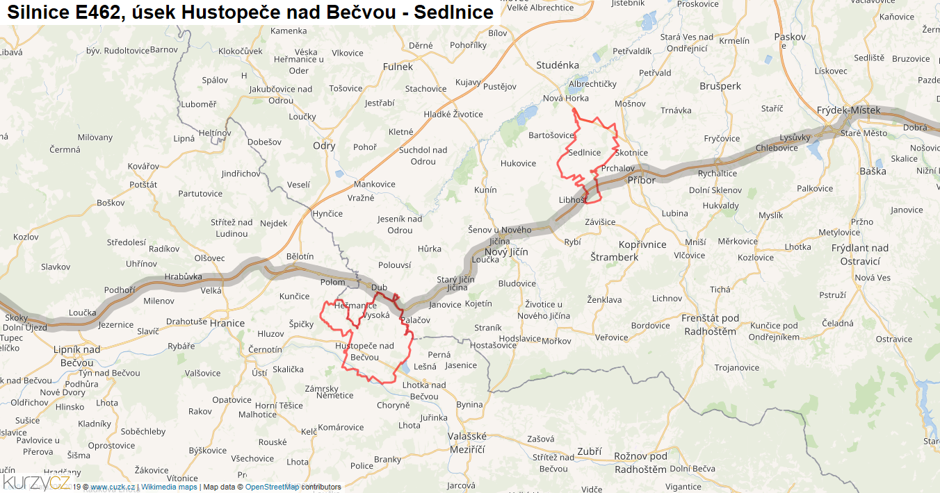 Úsek Hustopeče nad Bečvou - Sedlnice, Silnice E462 - Mapa