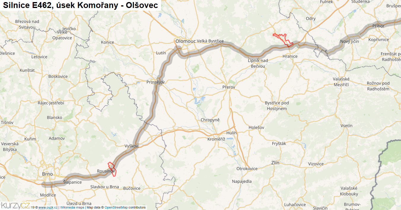 Úsek Komořany - Olšovec, Silnice E462 - Mapa