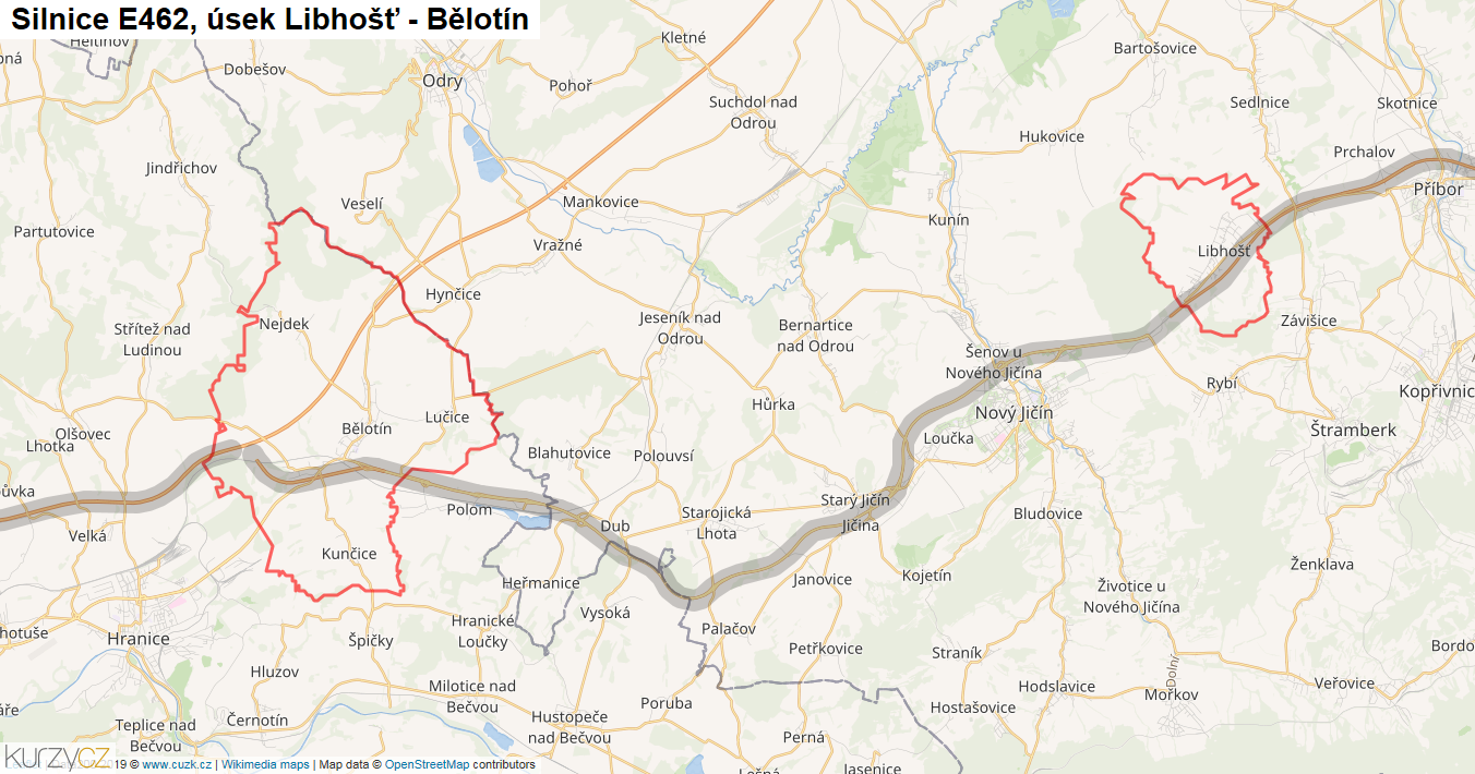 Úsek Libhošť - Bělotín, Silnice E462 - Mapa