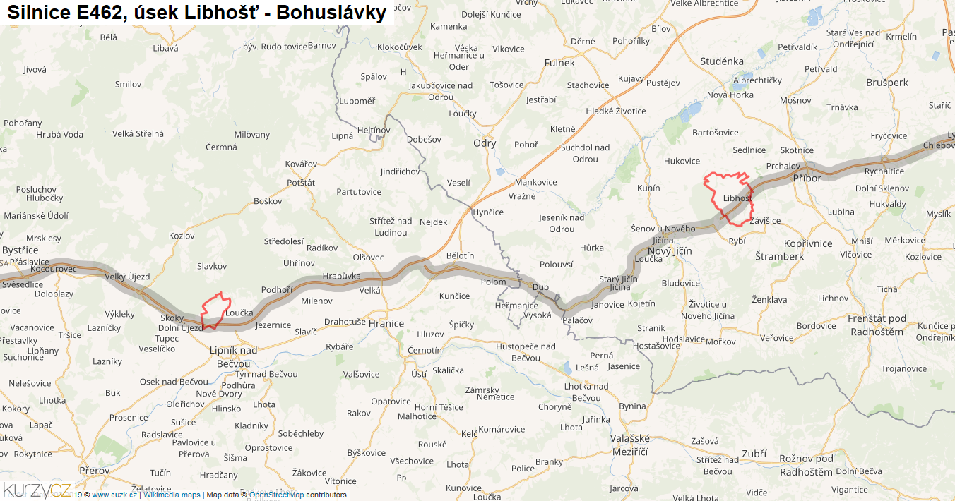 Úsek Libhošť - Bohuslávky, Silnice E462 - Mapa