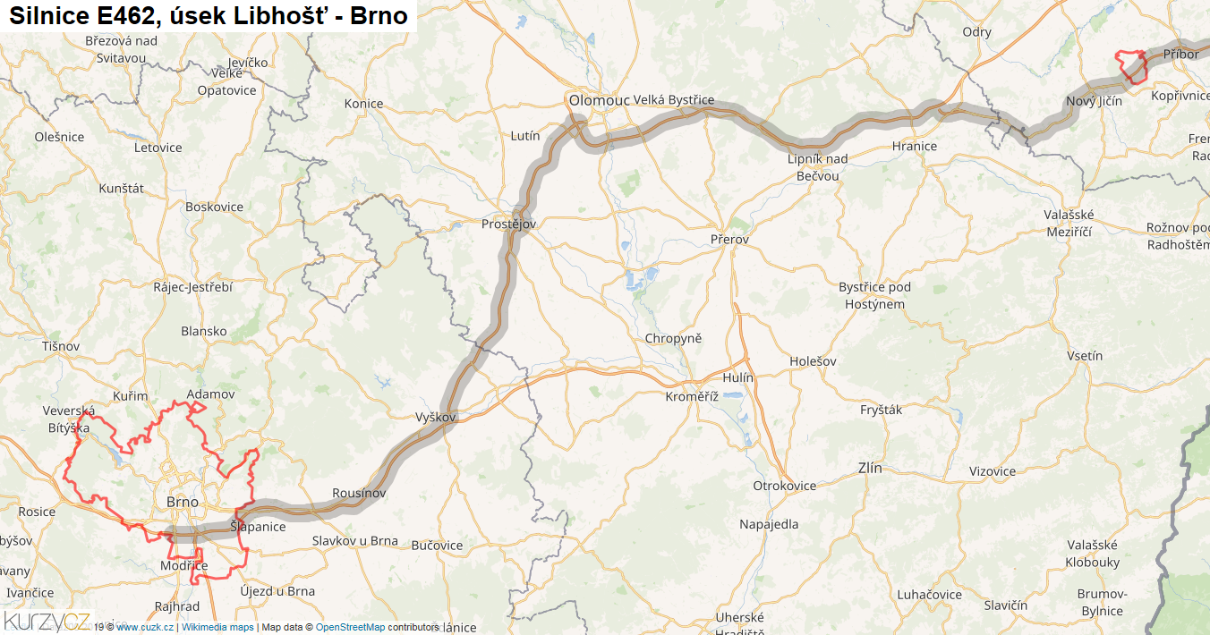 Úsek Libhošť - Brno, Silnice E462 - Mapa