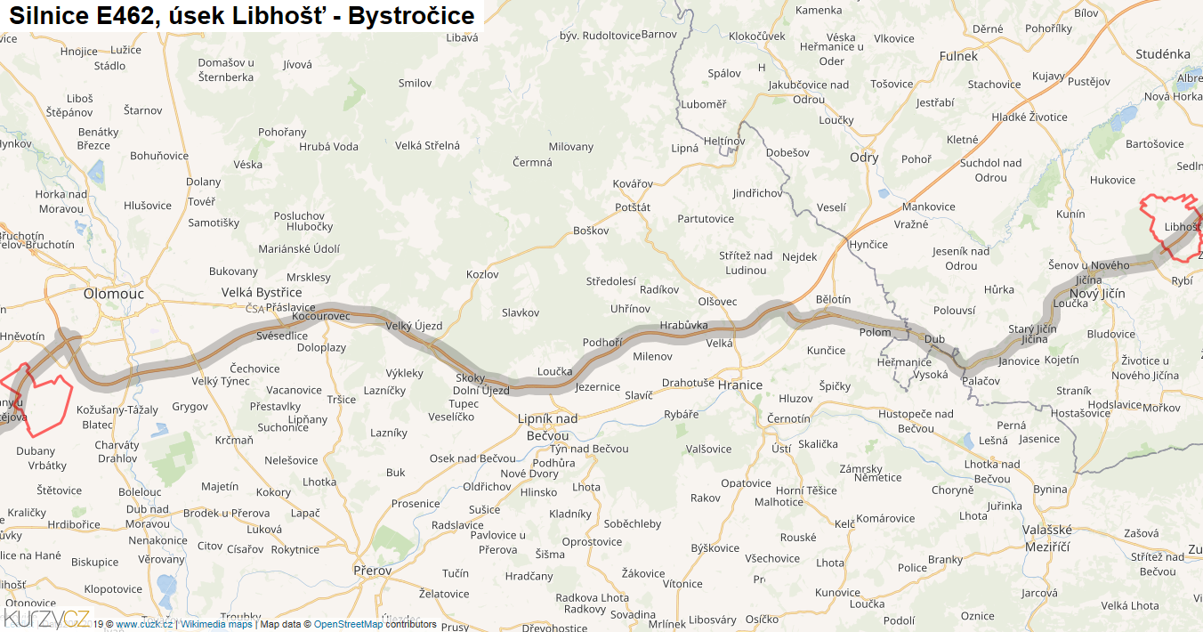 Úsek Libhošť - Bystročice, Silnice E462 - Mapa
