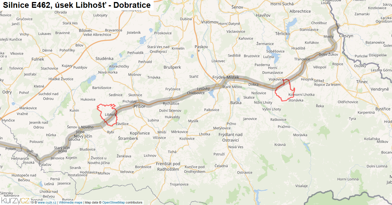 Úsek Libhošť - Dobratice, Silnice E462 - Mapa